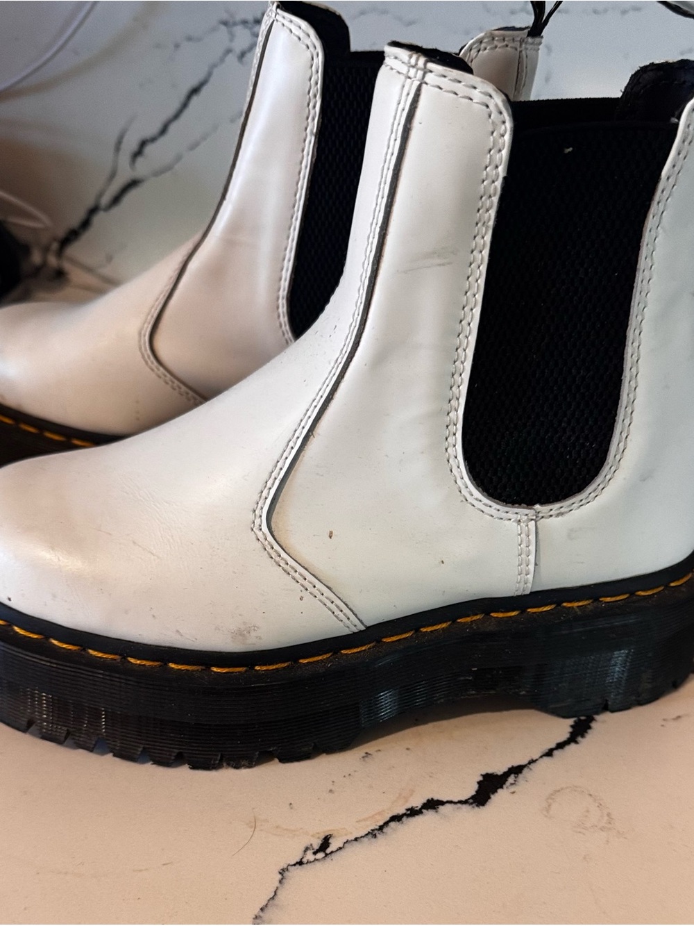 Dr. Martens White Leather Platform Chelsea Boots with Yellow Stitching
